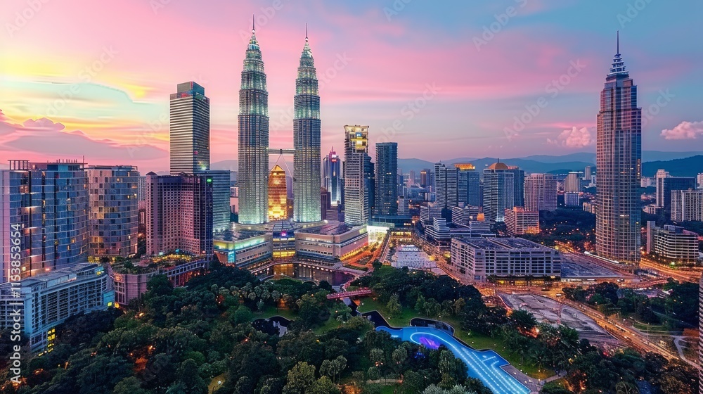Stunning sunset cityscape view of skyscrapers, city lights, and park. Stunning sunset cityscape view of skyscrapers, city lights, and park.