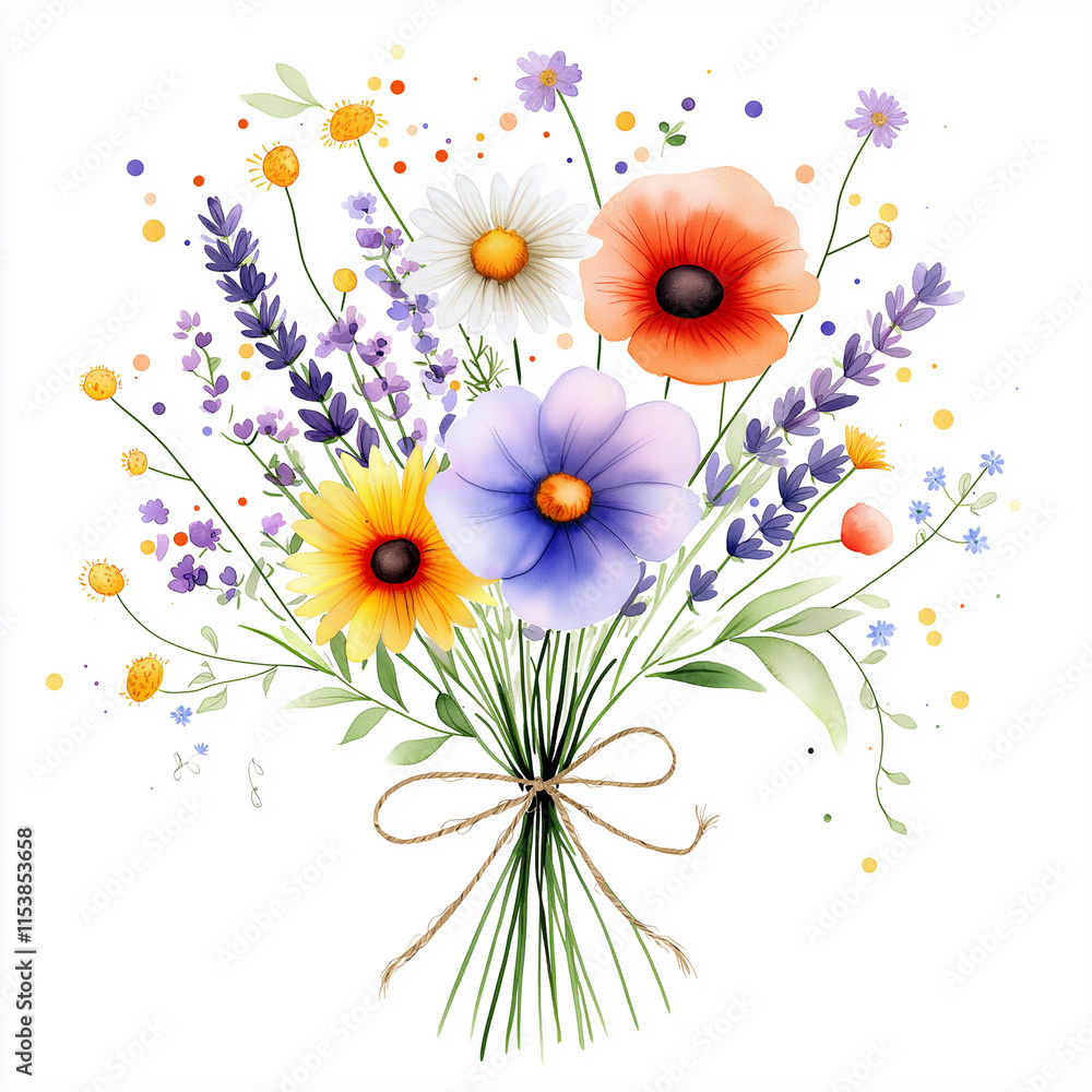 Watercolor depiction of a wildflower bouquet arranged in a wicker basket with soft pink roses Watercolor depiction of a wildflower bouquet arranged in a wicker basket with soft pink roses