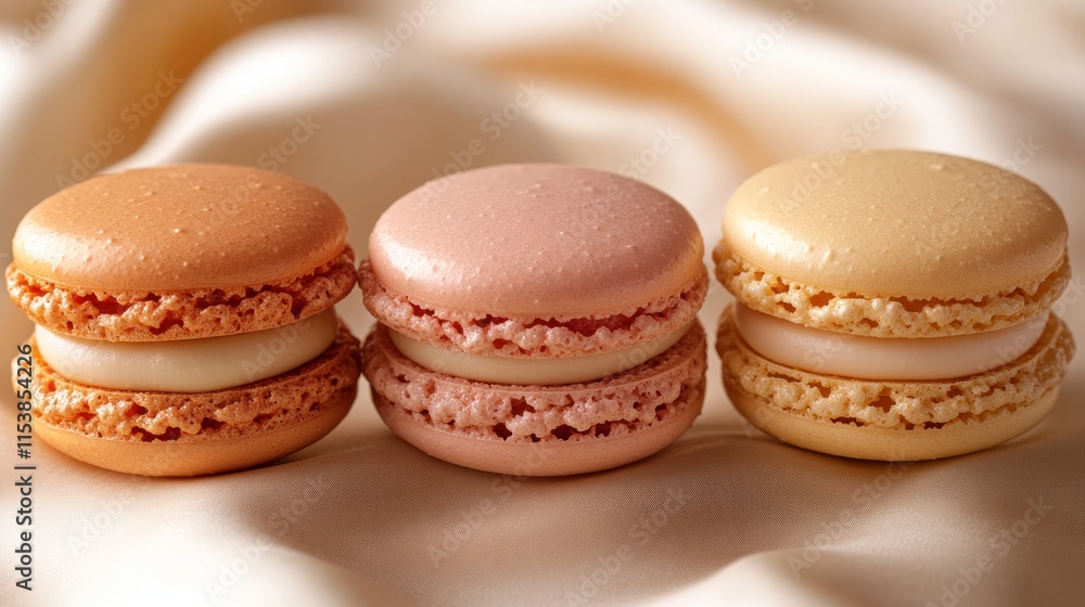 Three colorful macarons arranged on a silky surface, showcasing their delicate textures. Three colorful macarons arranged on a silky surface, showcasing their delicate textures.