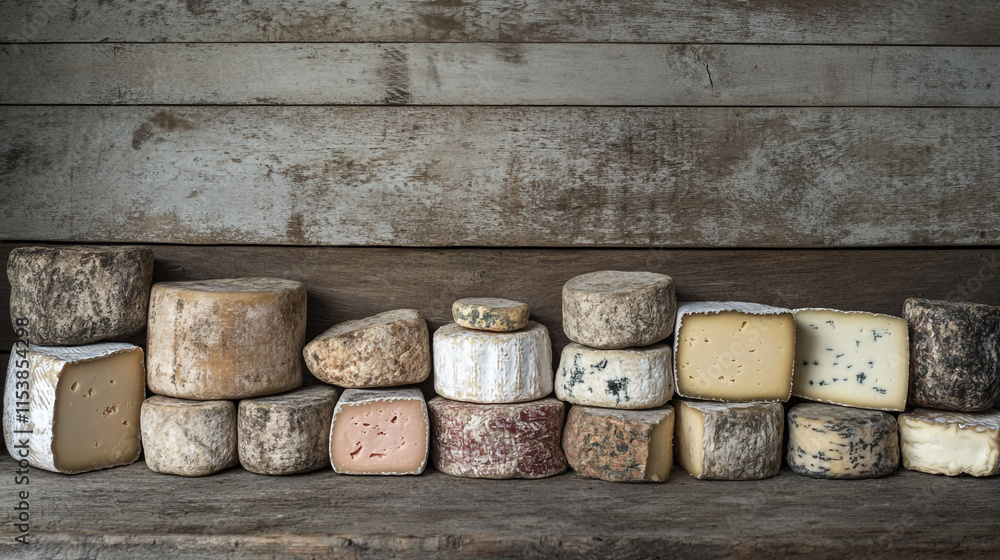 Fototapeta premium Assortment of artisanal cheeses displayed on a rustic wooden shelf in a quaint cheese shop