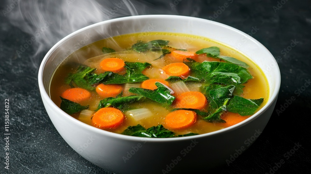 Fresh and Healthy Vegetable Soup with Carrots and Kale Steaming in a White Bowl on a Dark Surface, Perfect for Warmth and Comfort Food Enthusiasts Fresh and Healthy Vegetable Soup with Carrots and Kale Steaming in a White Bowl on a Dark Surface, Perfect for Warmth and Comfort Food Enthusiasts