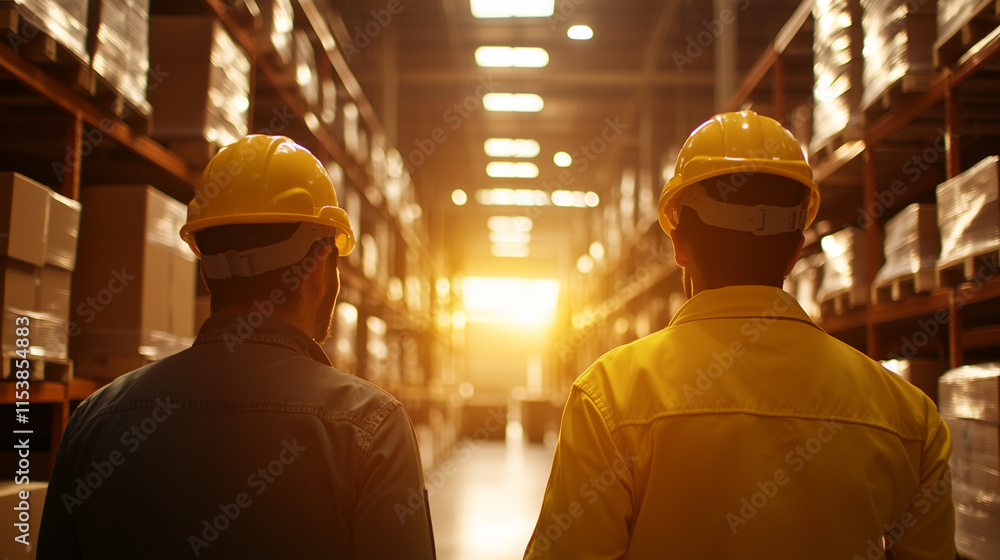 Warehouse Workers in Yellow Hard Hats in Industrial Setting Warehouse Workers in Yellow Hard Hats in Industrial Setting