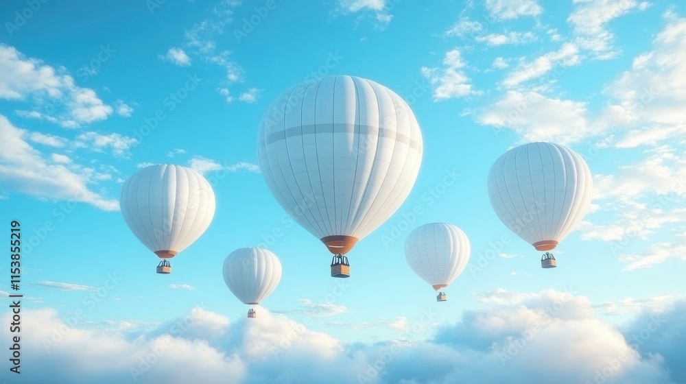 Naklejka premium Networking as a service Cloud based services Decentralized identifier Martech saas Esg fintech Distributed Helium 10 Telegram channel Internxt Plannerly White hot air balloons floating peacefully, ad
