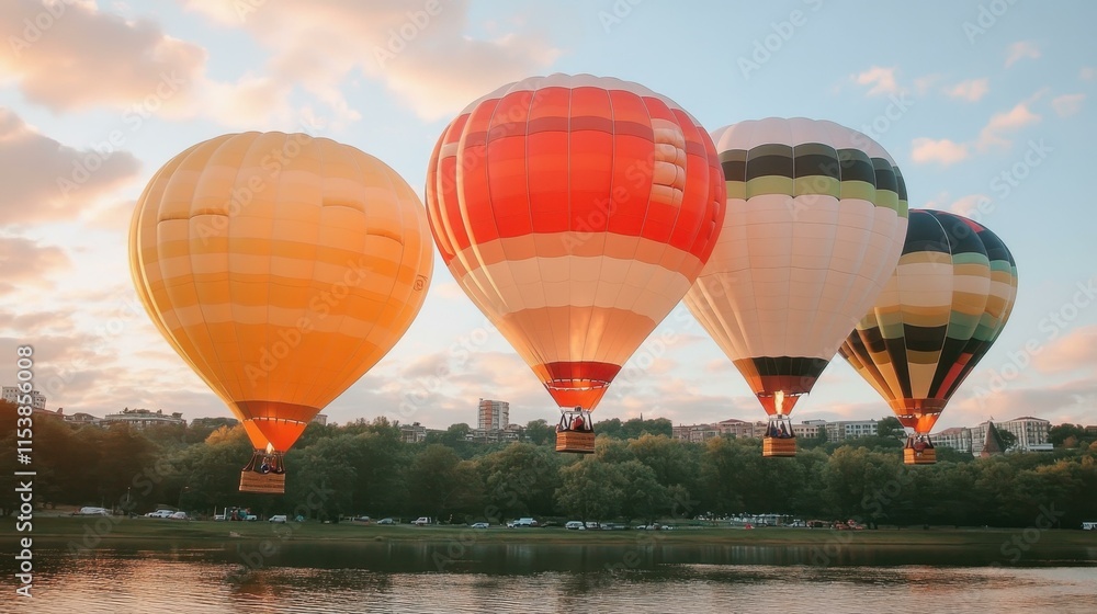 Obraz premium Four colorful hot air balloons ascending over river at sunset, scenic adventure travel, festival event, bright sky, calm water reflection, outdoor recreation, nature landscape, summer vacation mood