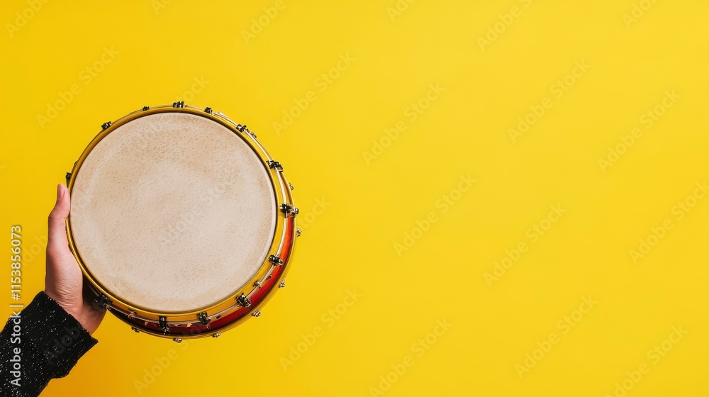 Hand Holding a Colorful Tambourine Against a Bright Yellow Background for Music and Rhythm Themes Hand Holding a Colorful Tambourine Against a Bright Yellow Background for Music and Rhythm Themes