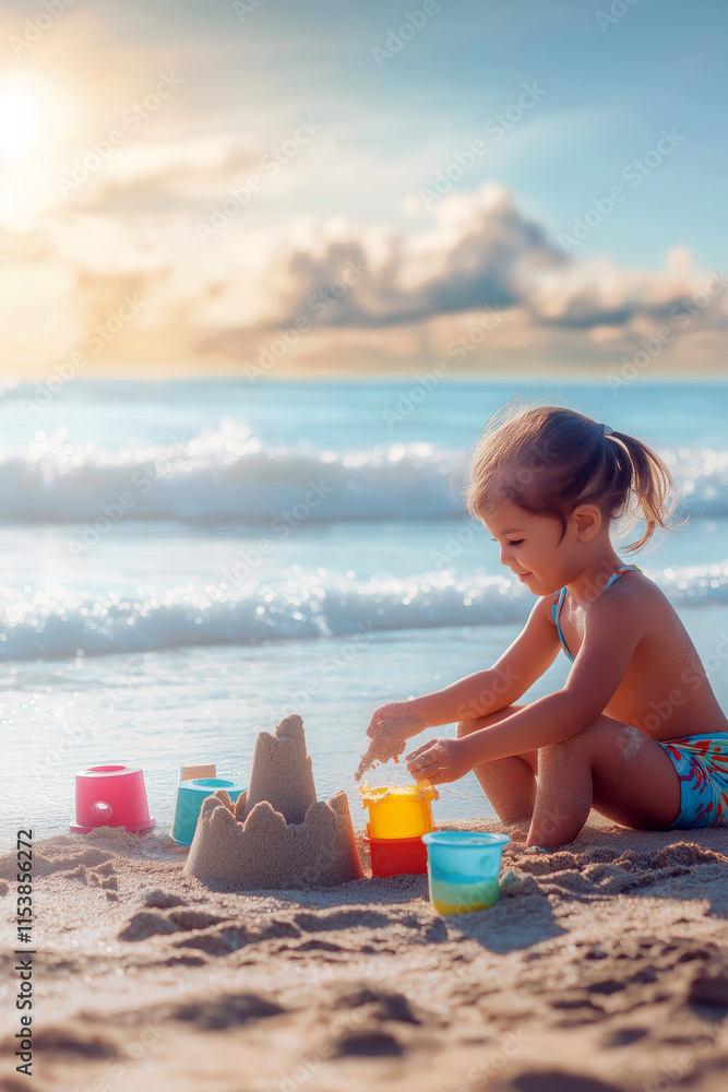 Child building a sandcastle on the beach, playing with colorful beach toys as the waves gently roll in, joyful family vacation moment. Child building a sandcastle on the beach, playing with colorful beach toys as the waves gently roll in, joyful family vacation moment.