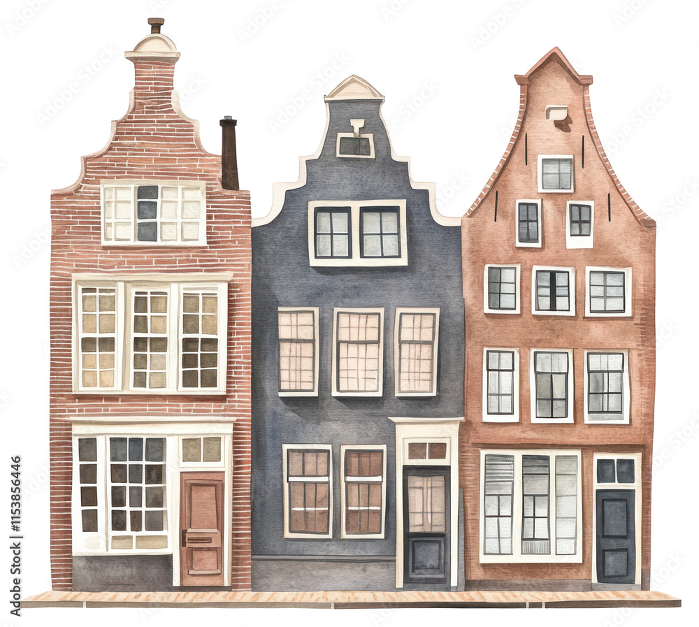Fototapeta premium PNG Vintage Dutch townhouses architecture illustration watercolor.