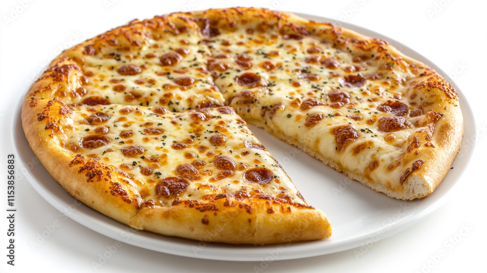 Delicious pepperoni pizza on a white plate with one slice missing, showcasing its cheesy, golden crust Delicious pepperoni pizza on a white plate with one slice missing, showcasing its cheesy, golden crust