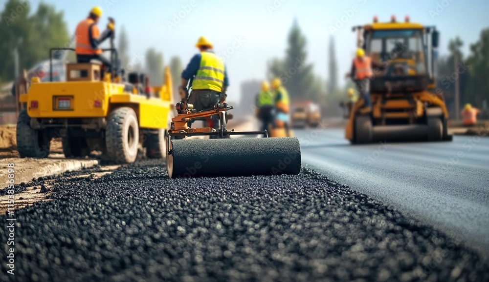 Close-up of workers working on the asphalt road, construction machinery and other vehicles in the background. Close-up of workers working on the asphalt road, construction machinery and other vehicles in the background.