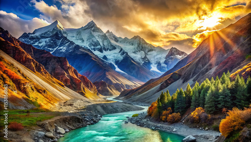 vibrant sun drenched vista of Himalayan mountain pass, showcasing majestic peaks, winding river, and lush greenery. scene evokes sense of tranquility and awe