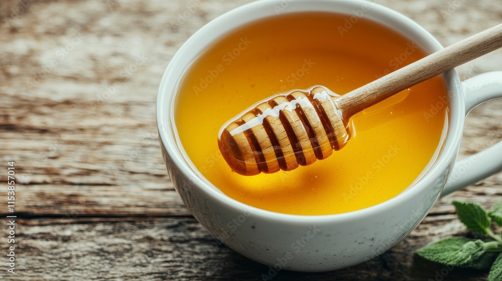 A Close-Up of Golden Honey in a White Cup with a Wooden Dipper Set on a Rustic Wooden Surface, Natural Sweetener for Food and Drinks A Close-Up of Golden Honey in a White Cup with a Wooden Dipper Set on a Rustic Wooden Surface, Natural Sweetener for Food and Drinks