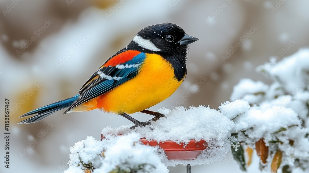 Colorful bird perched on snowy branch in winter wonderland Colorful bird perched on snowy branch in winter wonderland