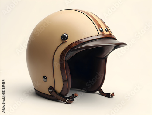 Beige Retro Motorcycle Helmet Brown Leather Accents photo