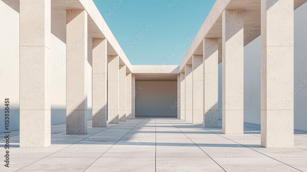 Obraz premium Modern Architectural Hallway with Minimalist Design and Soft Shadows, Featuring Light-Colored Columns and a Clear Blue Sky in an Open Space Concept