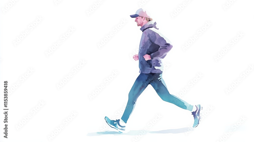 Fototapeta premium An adult going for a morning jog, fresh and energetic, watercolor effect, isolated on white background