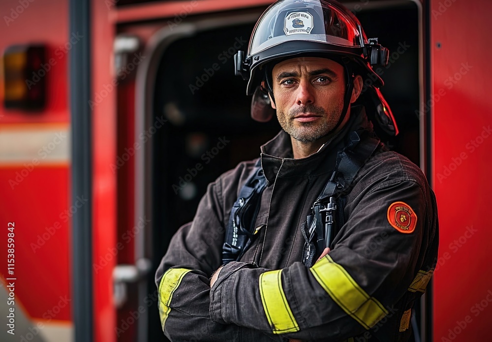 Obraz premium A handsome firefighter stands in front of the fire truck, arms crossed and looking at the camera with confidence.
