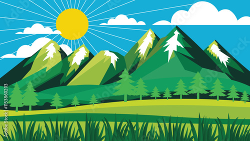 A scenic illustration of tourist trails winding through lush green mountains on a sunny day, capturing the essence of hiking and adventure, with the goal of reaching the mountain summit.