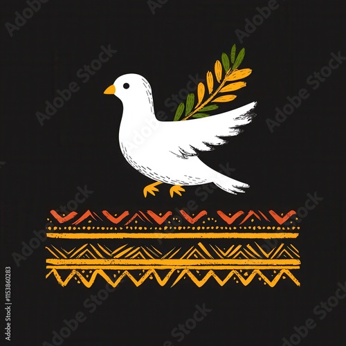 A stylized white dove with a leafy branch stands atop a vibrant tribal pattern on a black background, symbolizing peace and harmony. photo