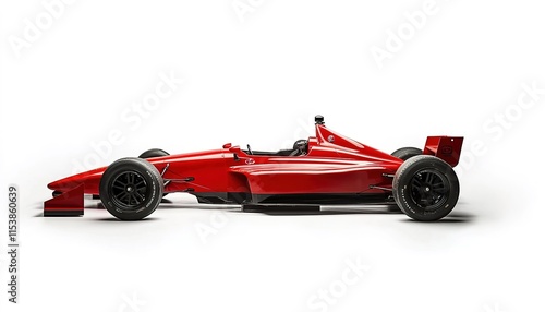 A red Formula race car with black wheels, on a white background, in a side view.