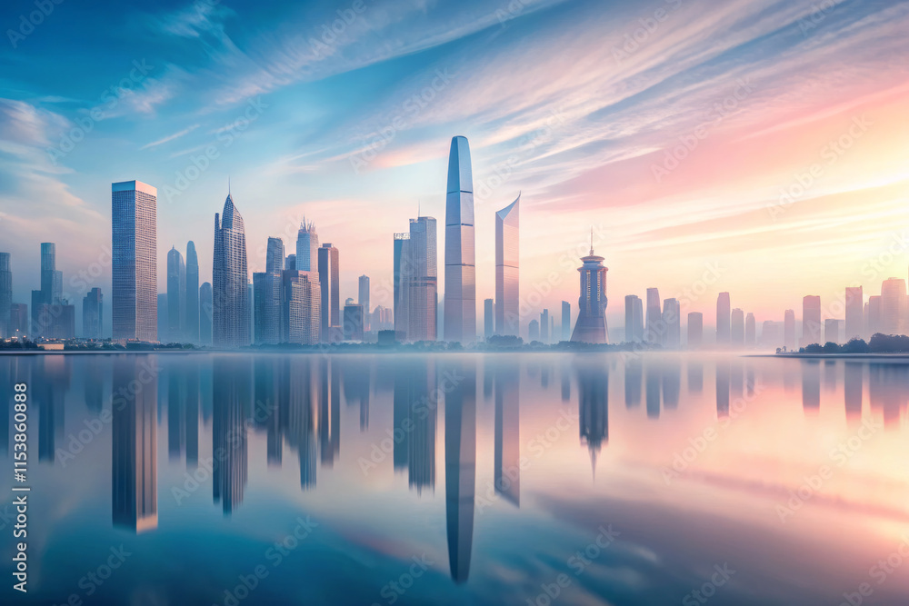 serene cityscape featuring modern skyscrapers reflected in calm water, bathed in soft pale blue and grey light, creating tranquil atmosphere serene cityscape featuring modern skyscrapers reflected in calm water, bathed in soft pale blue and grey light, creating tranquil atmosphere