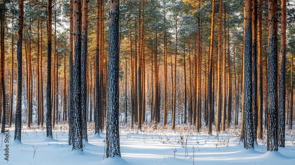 Dense pine trees covered in snow during a winter day in the forest , Generative ai