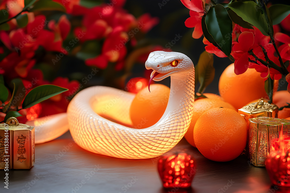 Fototapeta premium glowing white snake surrounded by oranges, red flowers, and golden decorations