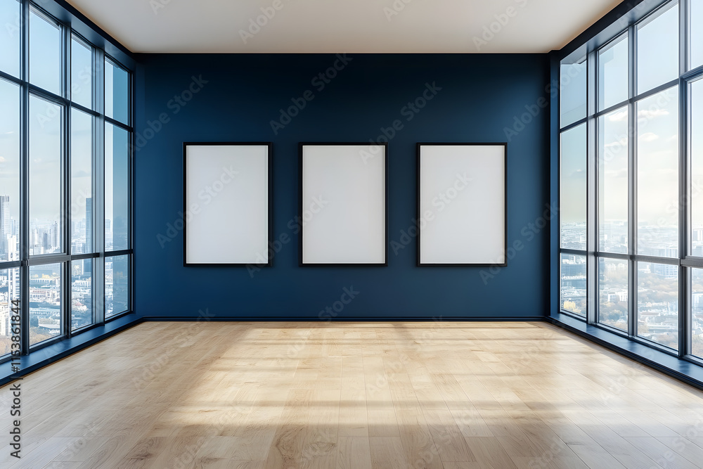 Modern Art Gallery Interior with Three Blank Frames on Dark Blue Wall – Minimalist Exhibition Concept Modern Art Gallery Interior with Three Blank Frames on Dark Blue Wall – Minimalist Exhibition Concept