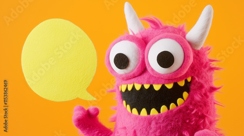 happy monster made of felt, with a speech bubble photo