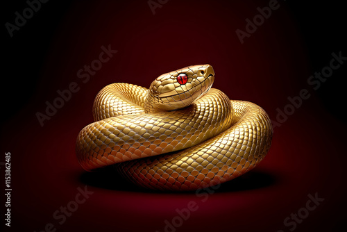 sleek golden snake coiled in circular pattern with striking red eye