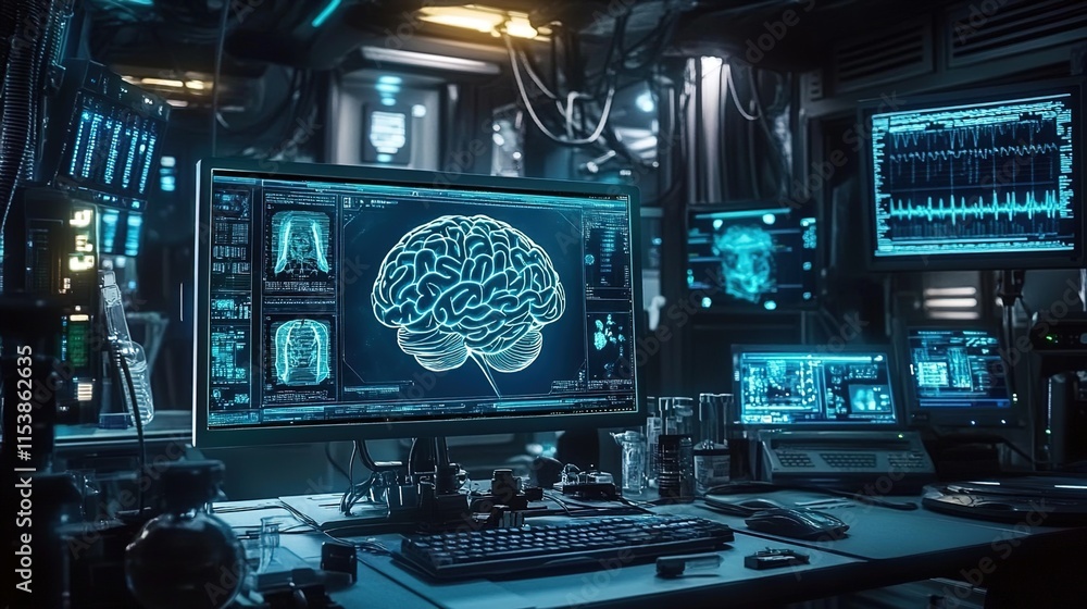 A computer monitor displays an AI brain with multiple segments, surrounded by medical equipment and digital screens in the background A computer monitor displays an AI brain with multiple segments, surrounded by medical equipment and digital screens in the background