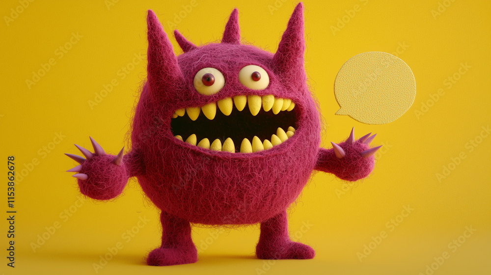 a happy monster made of felt, with a speech bubble, isolated on yellow a happy monster made of felt, with a speech bubble, isolated on yellow
