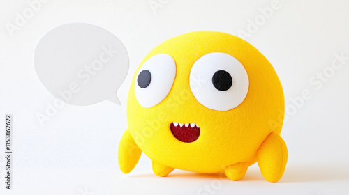 a happy monster made of felt, with a speech bubble photo