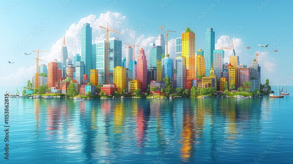 Fototapeta premium Vibrant cityscape on island, colorful buildings, construction cranes, calm water reflection, sunny sky.