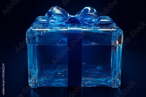 bright blue color gift box, dark blue ribbon, glass effect photo