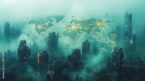 Futuristic global connectivity concept over a misty urban skyline