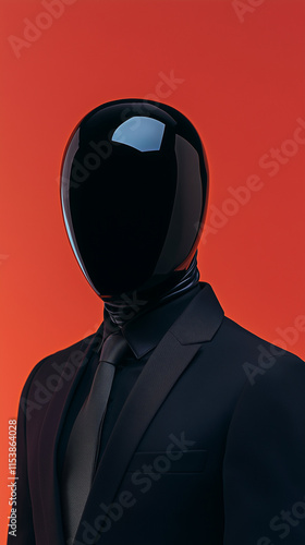 AI Robot wearing a suit, servant, person wearing a mask on red background photo