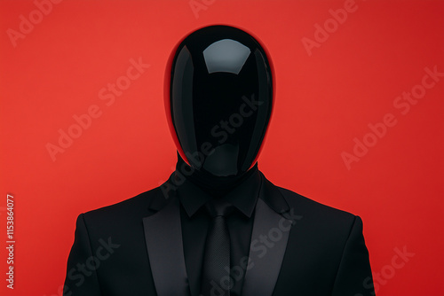 AI Robot wearing a suit, servant, person wearing a mask on red background photo