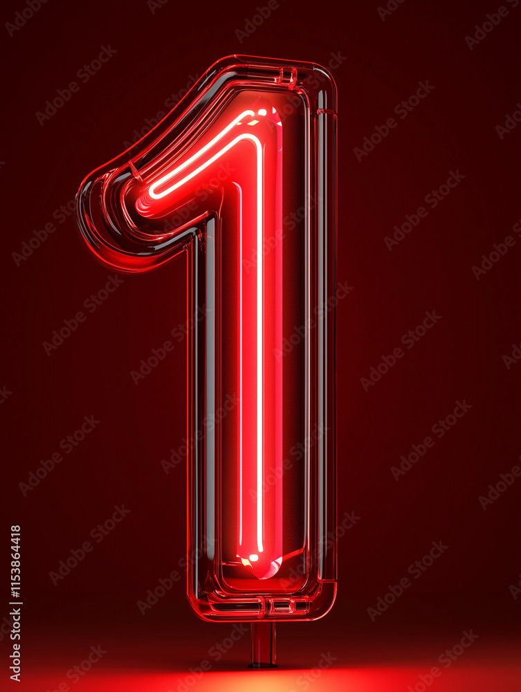 Number one made of shiny 3d shape with neon lights, Number 1, Isolated on red background Number one made of shiny 3d shape with neon lights, Number 1, Isolated on red background