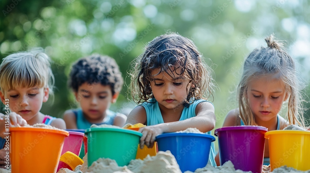 Joyful Kids Playing with Colorful Buckets and Shovels to Build Sandcastles on Sunny Beach during Summer Vacation Joyful Kids Playing with Colorful Buckets and Shovels to Build Sandcastles on Sunny Beach during Summer Vacation