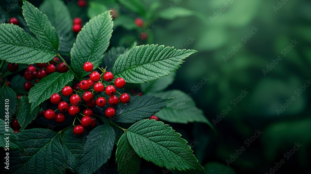 Vibrant Red Berries Among Lush Green Leaves in a Natural Setting, Capturing the Beauty of Nature's Palette and the Wonder of Plant Life Vibrant Red Berries Among Lush Green Leaves in a Natural Setting, Capturing the Beauty of Nature's Palette and the Wonder of Plant Life