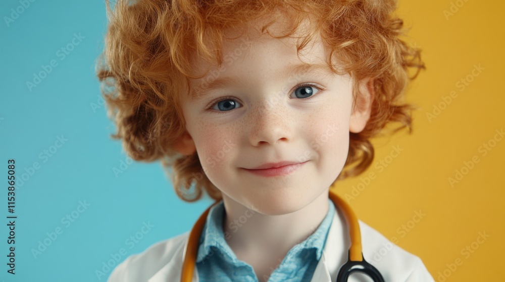 Young Boy in Doctor's Coat with Stethoscope Smiling Young Boy in Doctor's Coat with Stethoscope Smiling