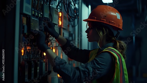 Electrician Carefully Repairs Electrical Panel System at Night