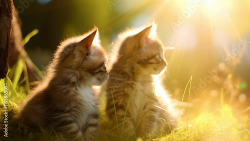 cute striped kittens sitting on a green lawn, backlit. 