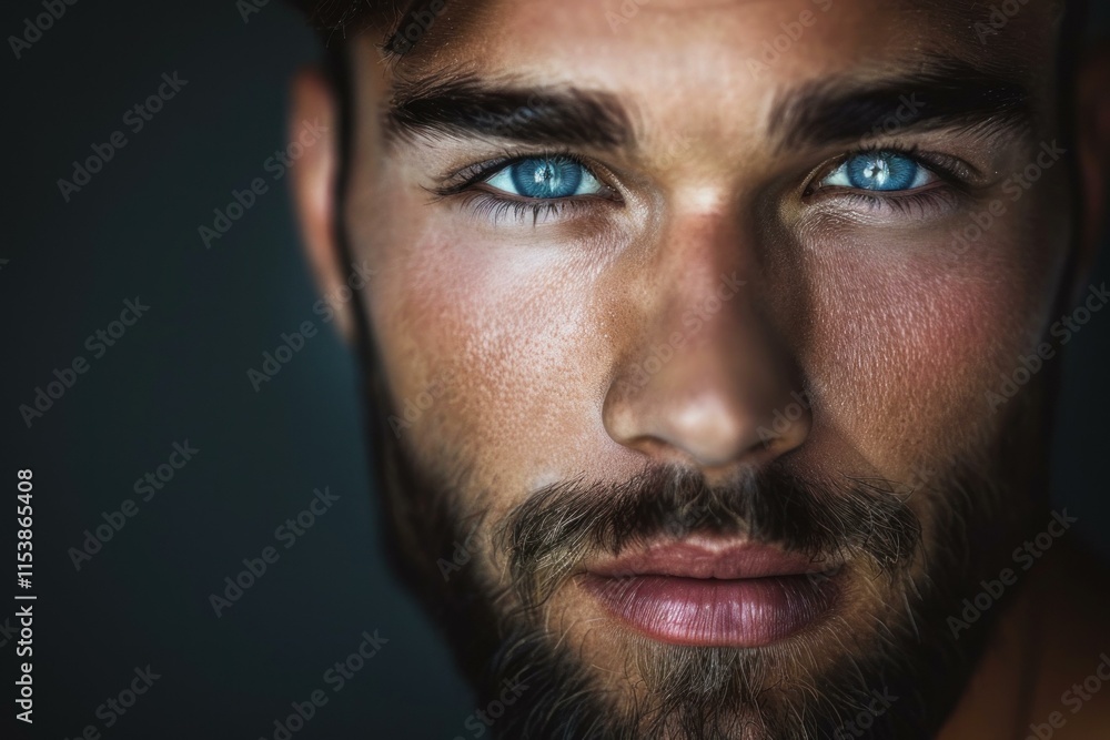 Obraz premium Close up portrait of attractive man with deep blue eyes, brown hair and beard, expressing seriousness and intensity