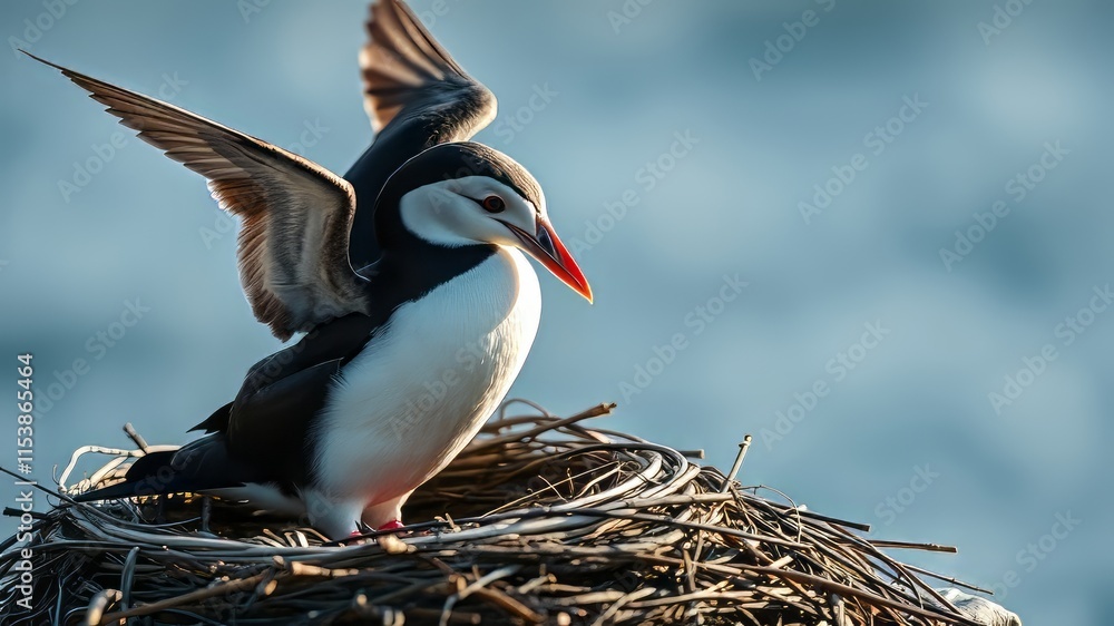 Fototapeta premium Common Guillemot Landing - Nest Preparation - AI Photorealistic