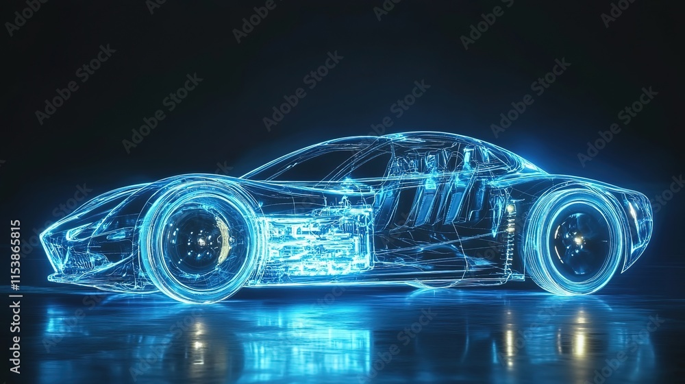 A hologram of an electric car with visible circuitry and lightning, glowing blue against the dark background. A hologram of an electric car with visible circuitry and lightning, glowing blue against the dark background.