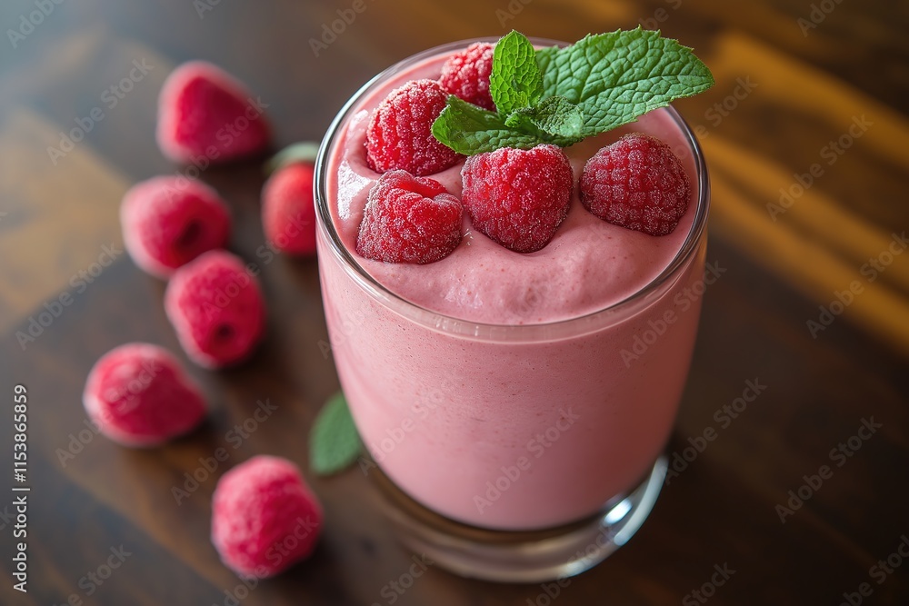 Energizing raspberry smoothie topped with fresh mint and berries for a healthy lifestyle boost Energizing raspberry smoothie topped with fresh mint and berries for a healthy lifestyle boost