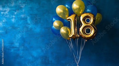 18th birthday celebration balloons with gold and blue theme on textured background