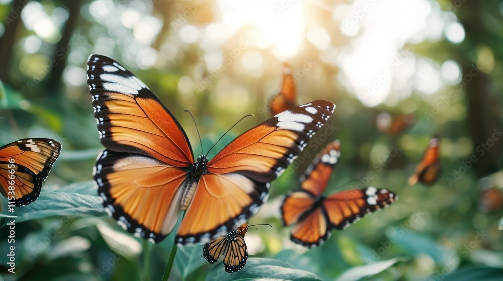 Naklejka premium Vibrant Monarch Butterflies Fluttering Among Lush Green Leaves in a Sunlit Forest, Capturing the Essence of Nature's Beauty and Serenity