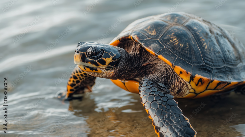 Obraz premium Beautiful sea turtle with vibrant patterned shell near the water's edge